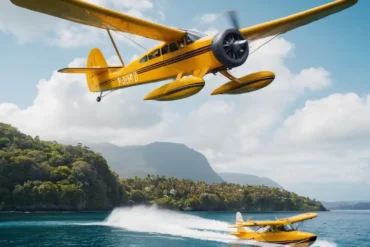 1943 howard monoplane flying above a 607 small seaplane