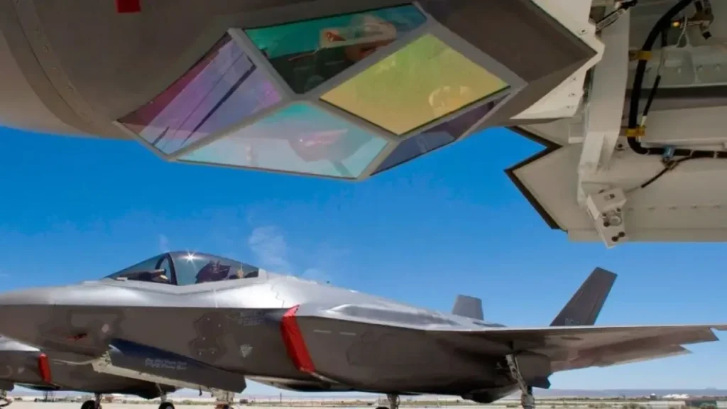 Close-up of EOTS sapphire window and lens alignment on F-35