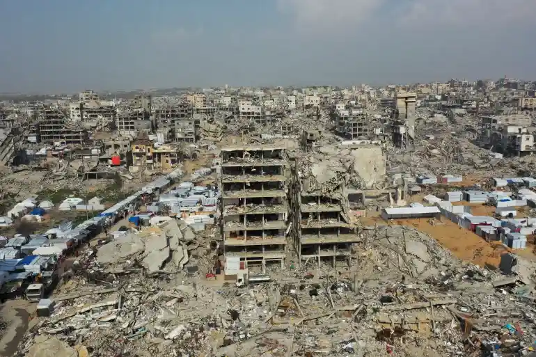 A drone view shows houses destroyed by Israel in Beit Hanoon in northern Gaza