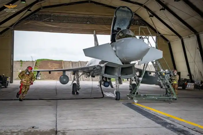 An Italian F 2000A equipped with a Meteor air to air missile launches on a QRA mission