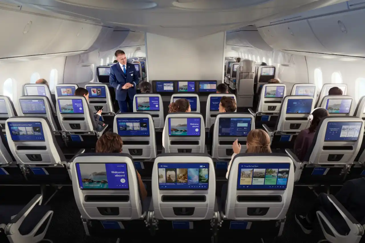 United economy class seats with 13-inch screen and Bluetooth-enabled entertainment system