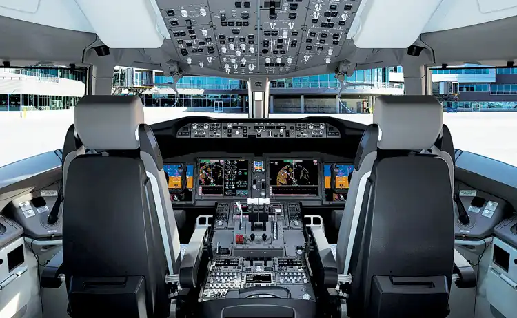 boeing 777x cockpit showing touchscreen controls and head-up display
