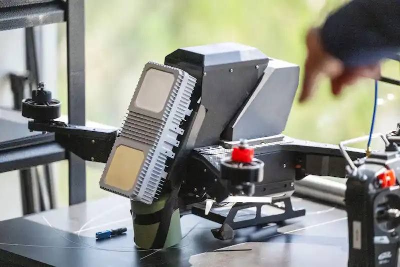 A radar module is displayed on a Fortem Technologie drone-hunter drone 