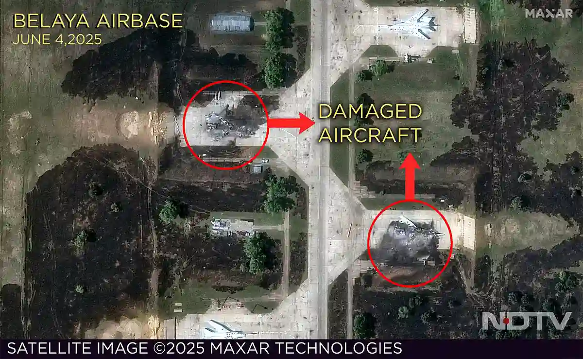 aerial view of Belaya airbase after Ukrainian drone attack, showing craters and debris fields