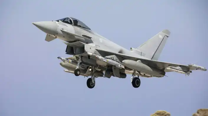 Italian F-2000 returns from test flight over Wales during Paveway IV trials