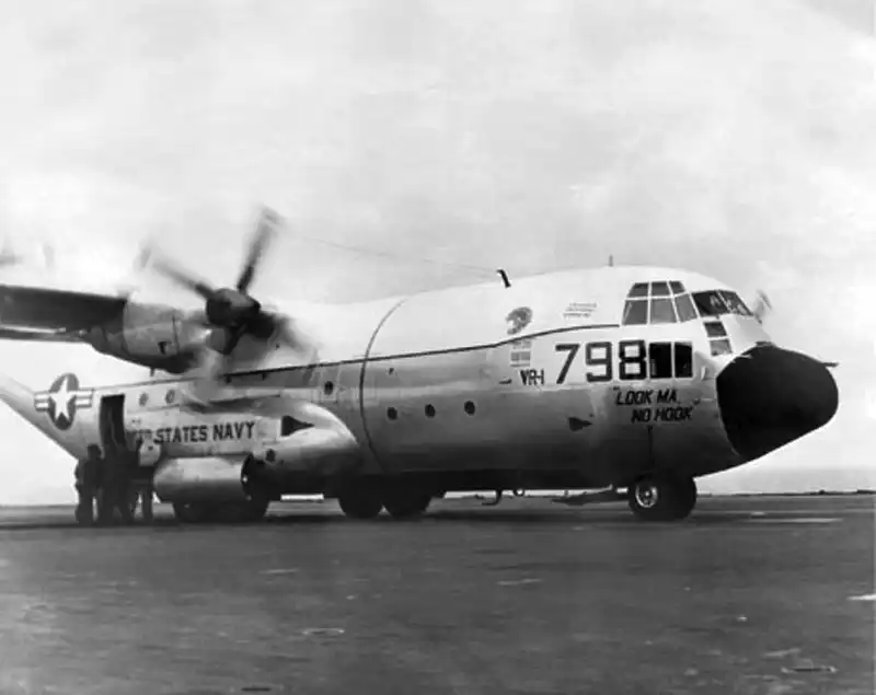 KC-130F with "Look Ma, No Hook" painted on fuselage after carrier landing
