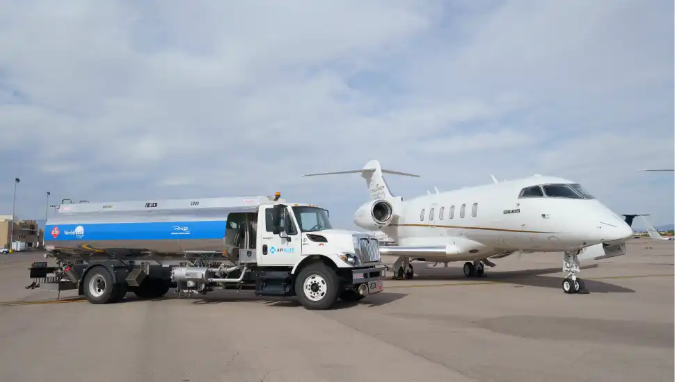 Sustainable aviation fuel refueling Bombardier jet