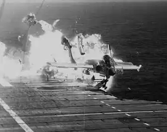 F7U Cutlass landing attempt on USS Midway aircraft carrier