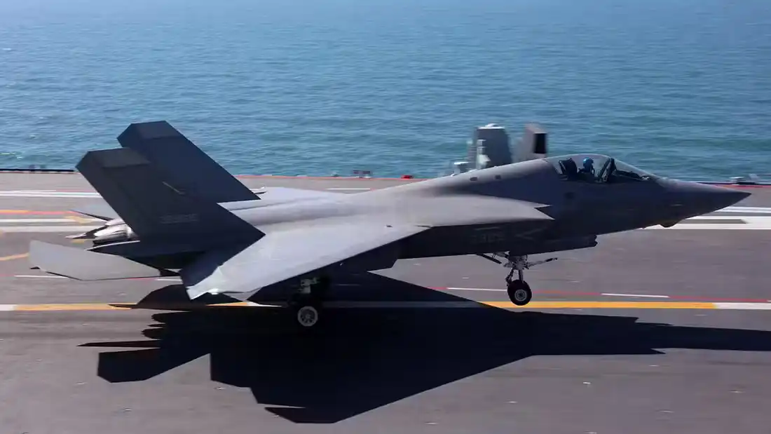J-35 stealth fighter preparing for launch on Fujian carrier deck