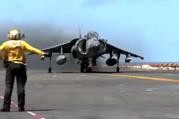 Roaring Precision: U.S. Marines' AV-8B Harriers Launch from USS Iwo Jima in Caribbean Combat Drill