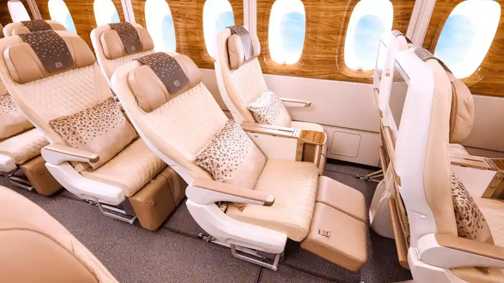 emirates premium economy a380 cabin seats wood paneling
