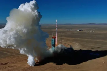 A Chinese reusable booster bursts in a historic first orbital test in Alxa League, Inner Mongolia, China