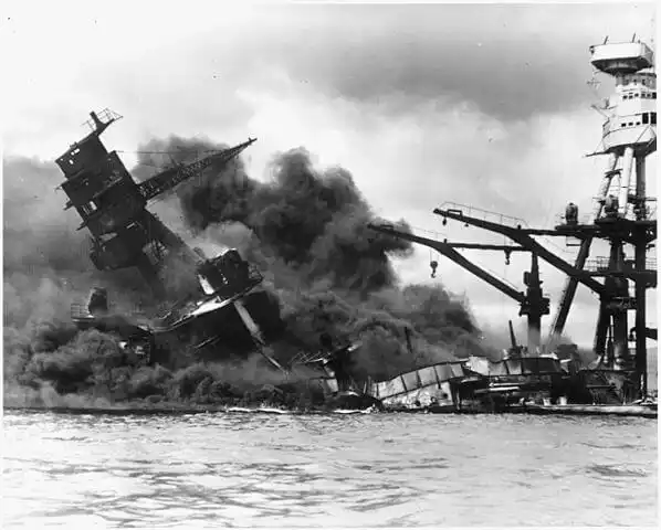 Battleship USS 'Arizona' (BB-39) sinking during the attack on Pearl Harbour, 1941