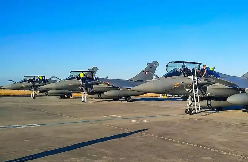 Dassault Rafale fighters lined up at Al Dhafra Air Base in UAE