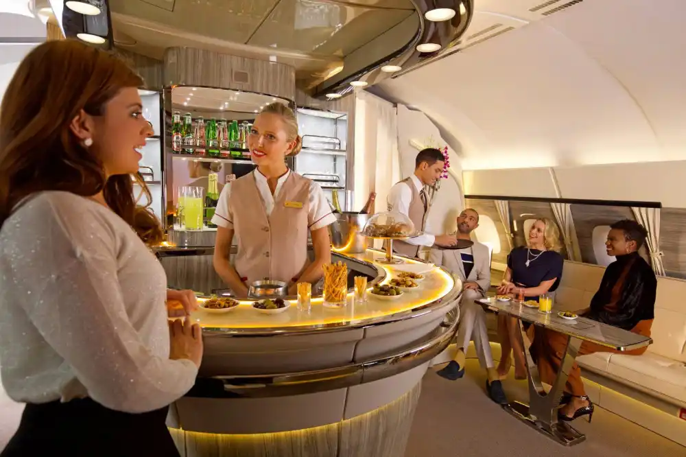 Emirates A380 bar lounge passengers socializing