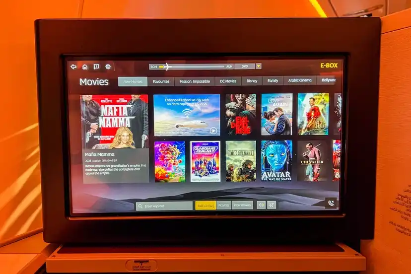 Etihad A350 business-class IFE screen with Bluetooth pairing menu