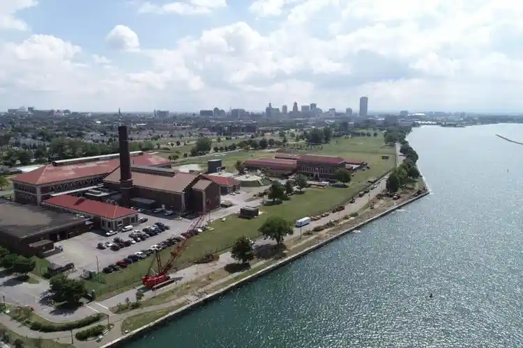 Lasalle Park drone shot with historic pumping station and Lake Erie background