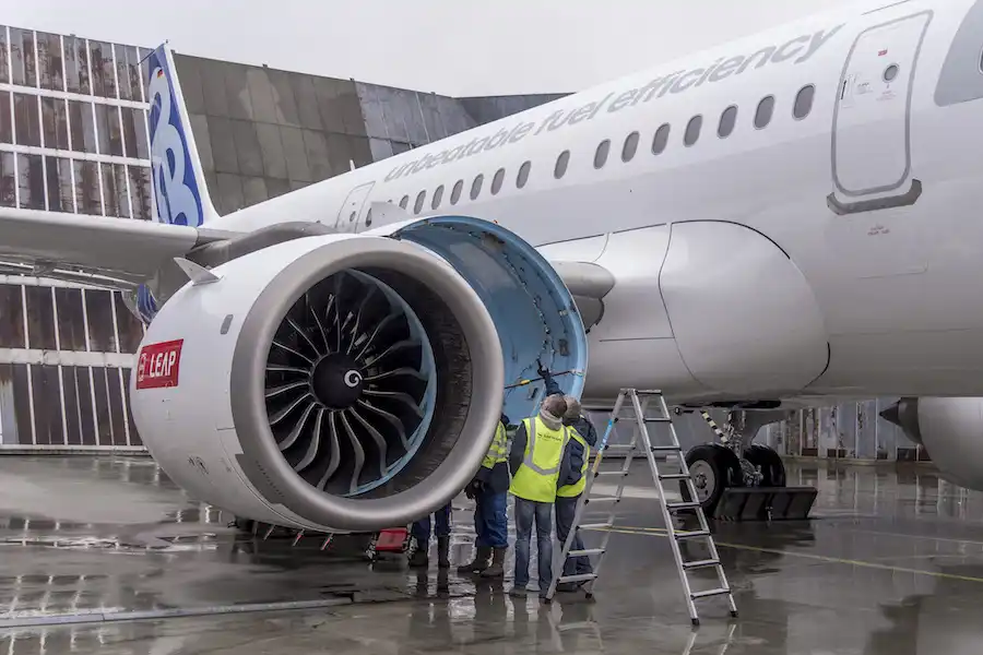 Airbus A321neo LEAP engine close-up on runway