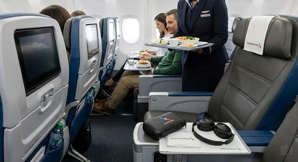 American Airlines premium economy seat storage and wireless charging pad