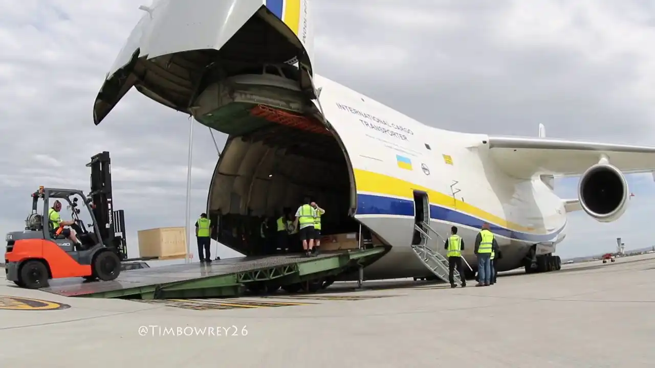 Antonov An-124 Ruslan at international airshow with nose raised for cargo loading