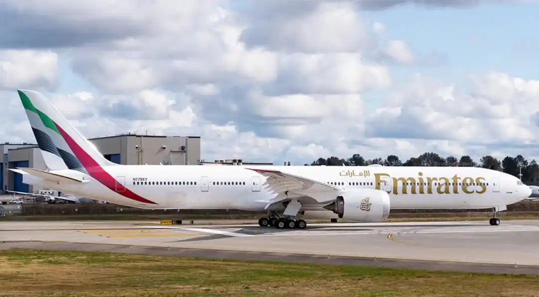 Boeing 777-9 in Emirates livery at Boeing Field during test flights