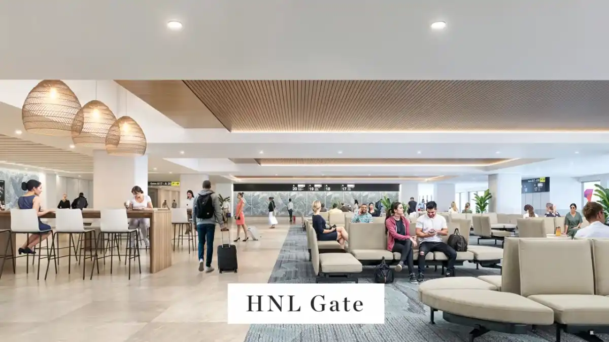 Hawaiian Airlines premium lounge with tropical design elements