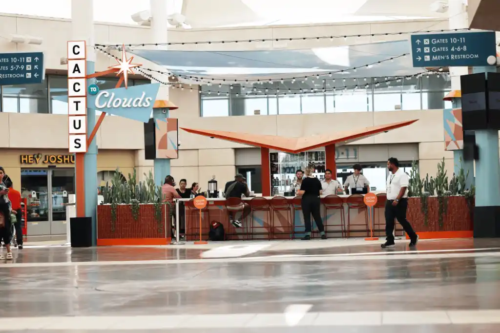 Palm Springs International Airport terminal interior with desert-themed architecture and visitor amenities