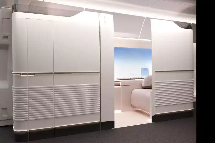 first class a350-1000 suite with enclosed privacy walls and ambient lighting