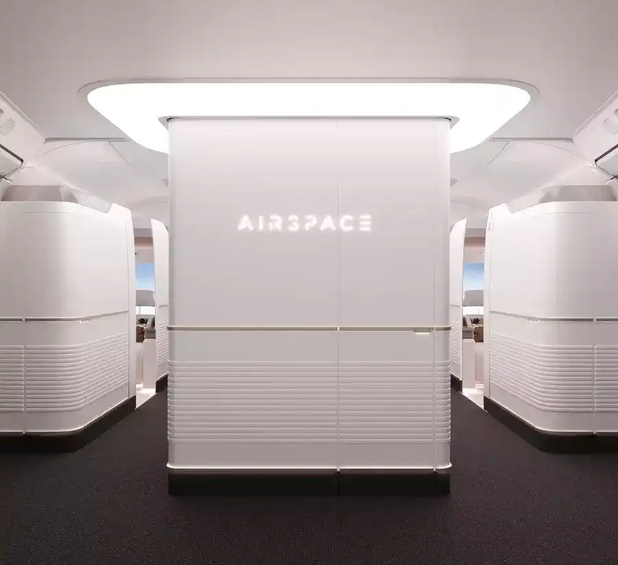 sculpted ceiling and ambient lighting in a350-1000 luxury cabin