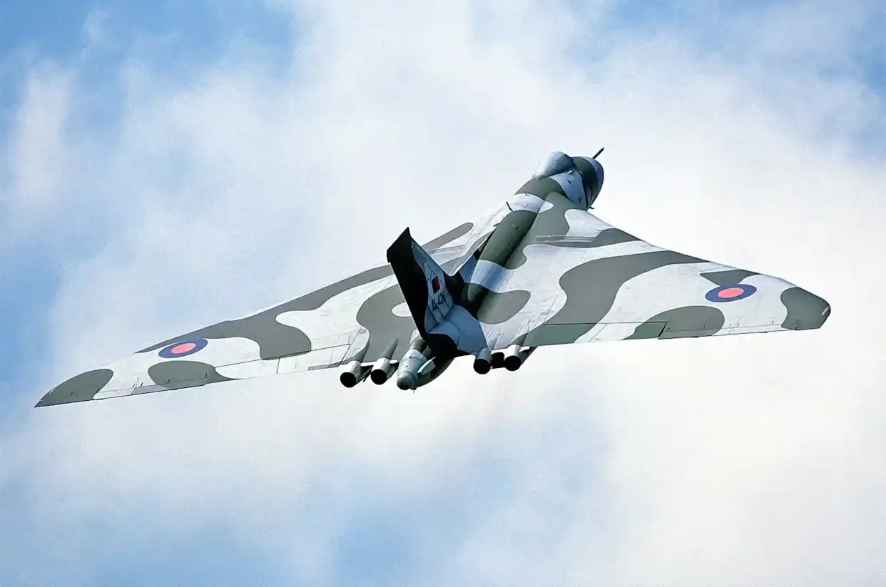 Avro Vulcan in mid-air with wings spread wide