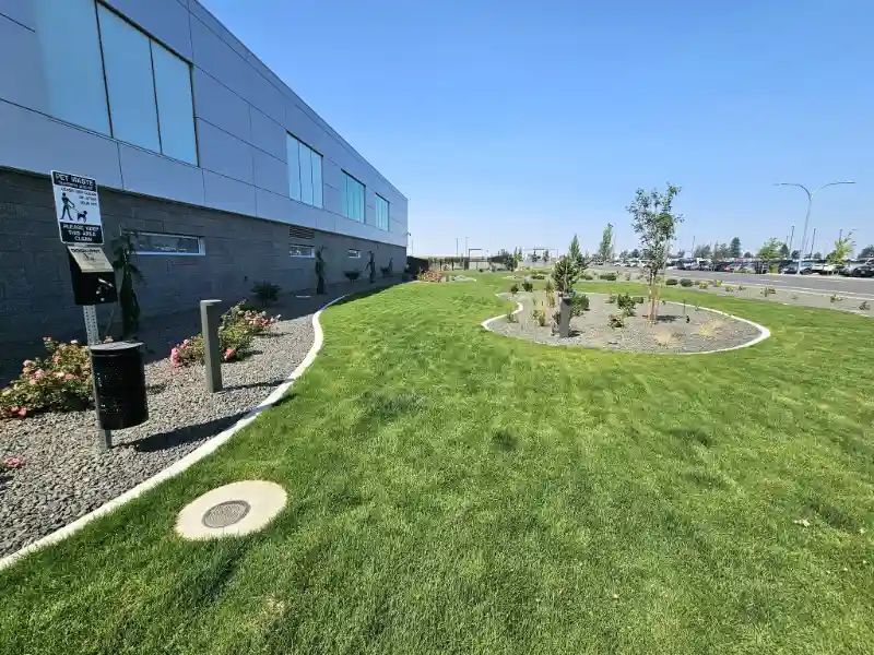 Spokane International Airport open air plaza with landscaped flower beds