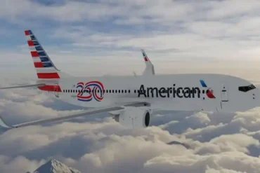 American Airlines aircraft with America250 commemorative livery on runway