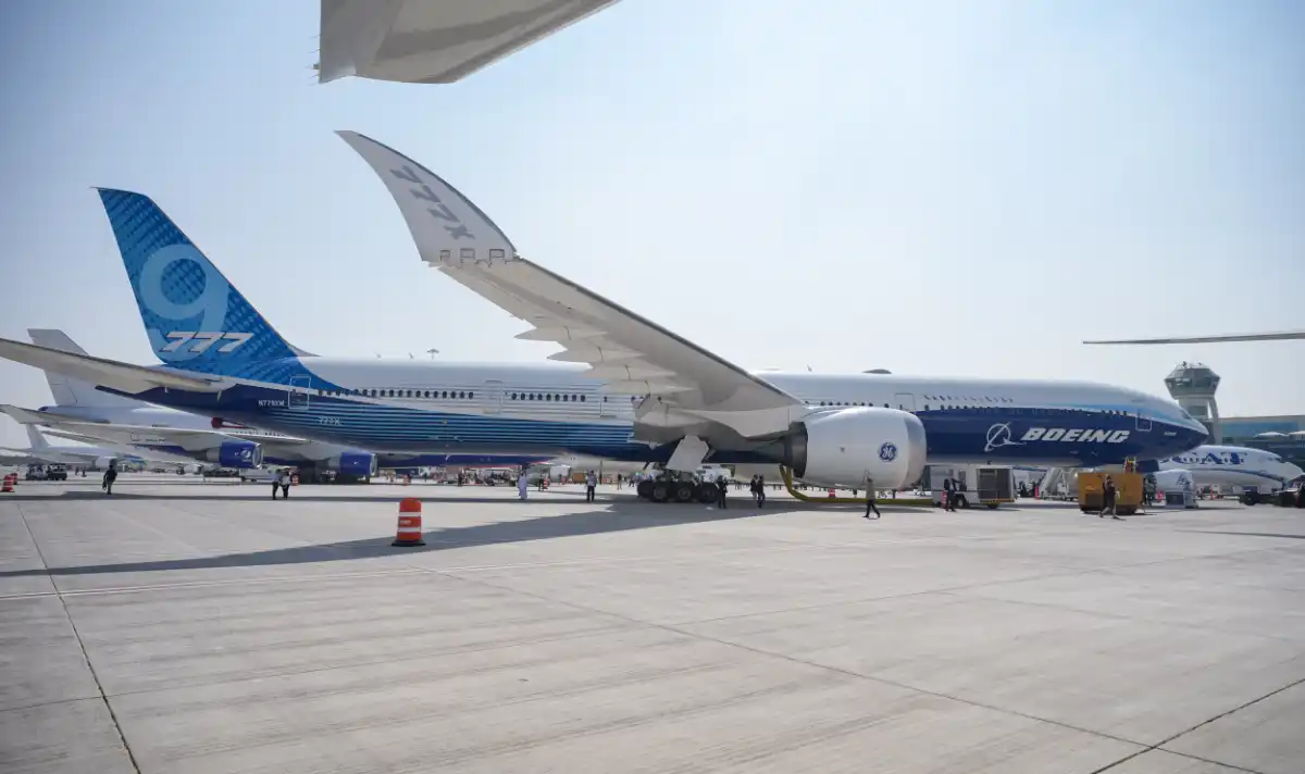 Boeing 777X composite wing with folded wingtip during ground testing