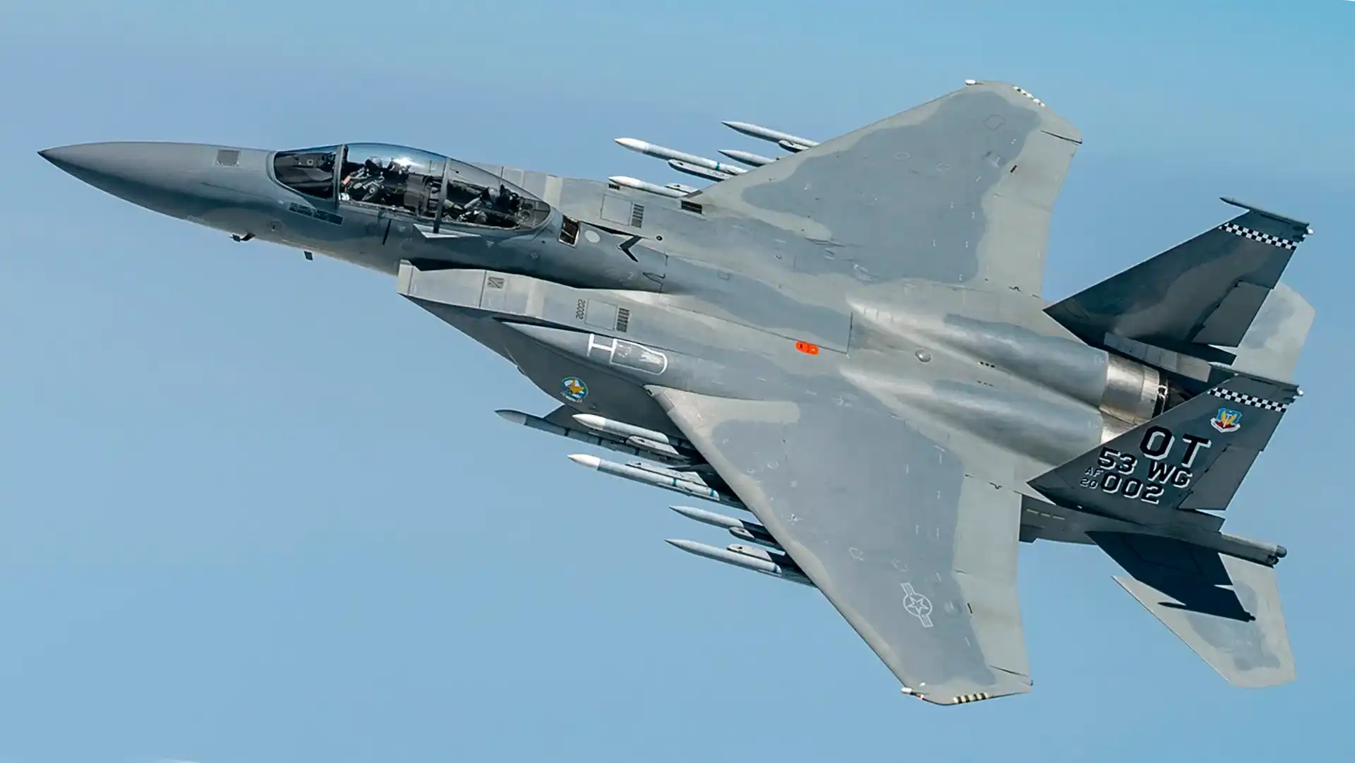 Boeing F-15EX Eagle II equipped with advanced missile racks during weapons test