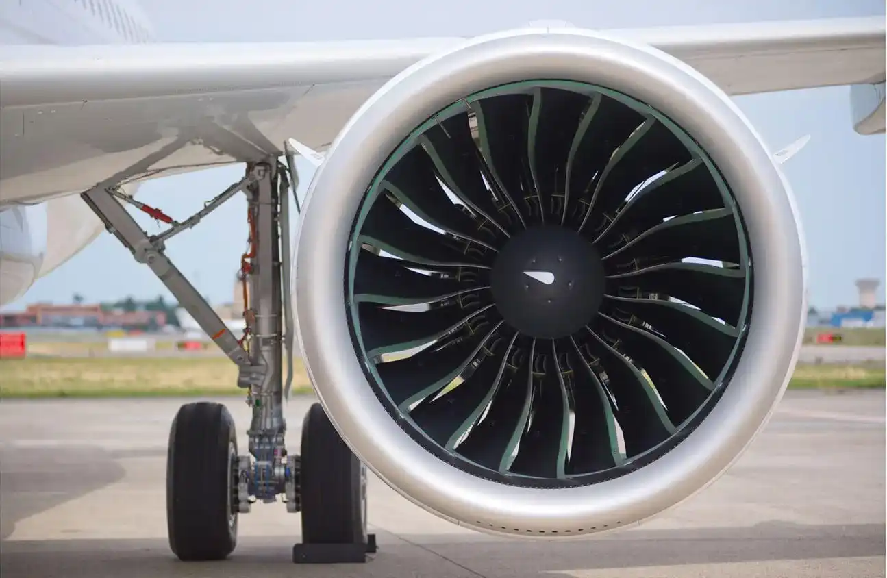 Pratt & Whitney PW1100G-JM geared turbofan engine close-up on Airbus A320neo