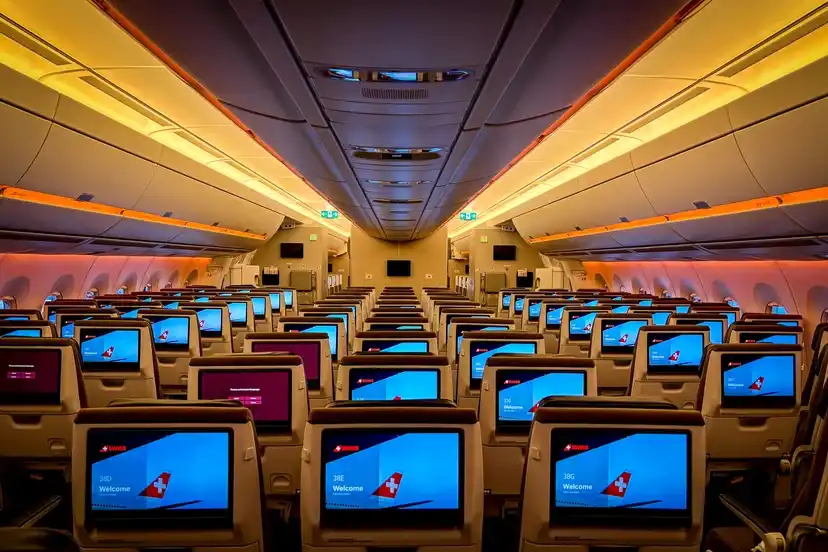 SWISS Airbus A350 economy cabin with 4K OLED seatback screens