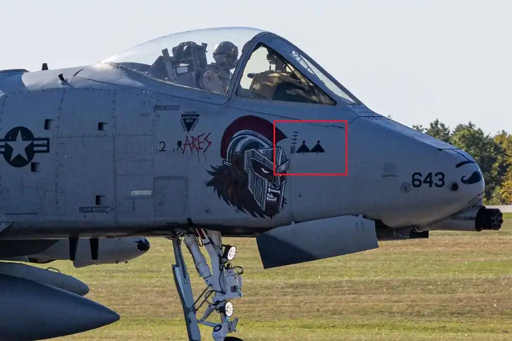 A-10 Warthog nose art with drone silhouette kill markings after combat missions