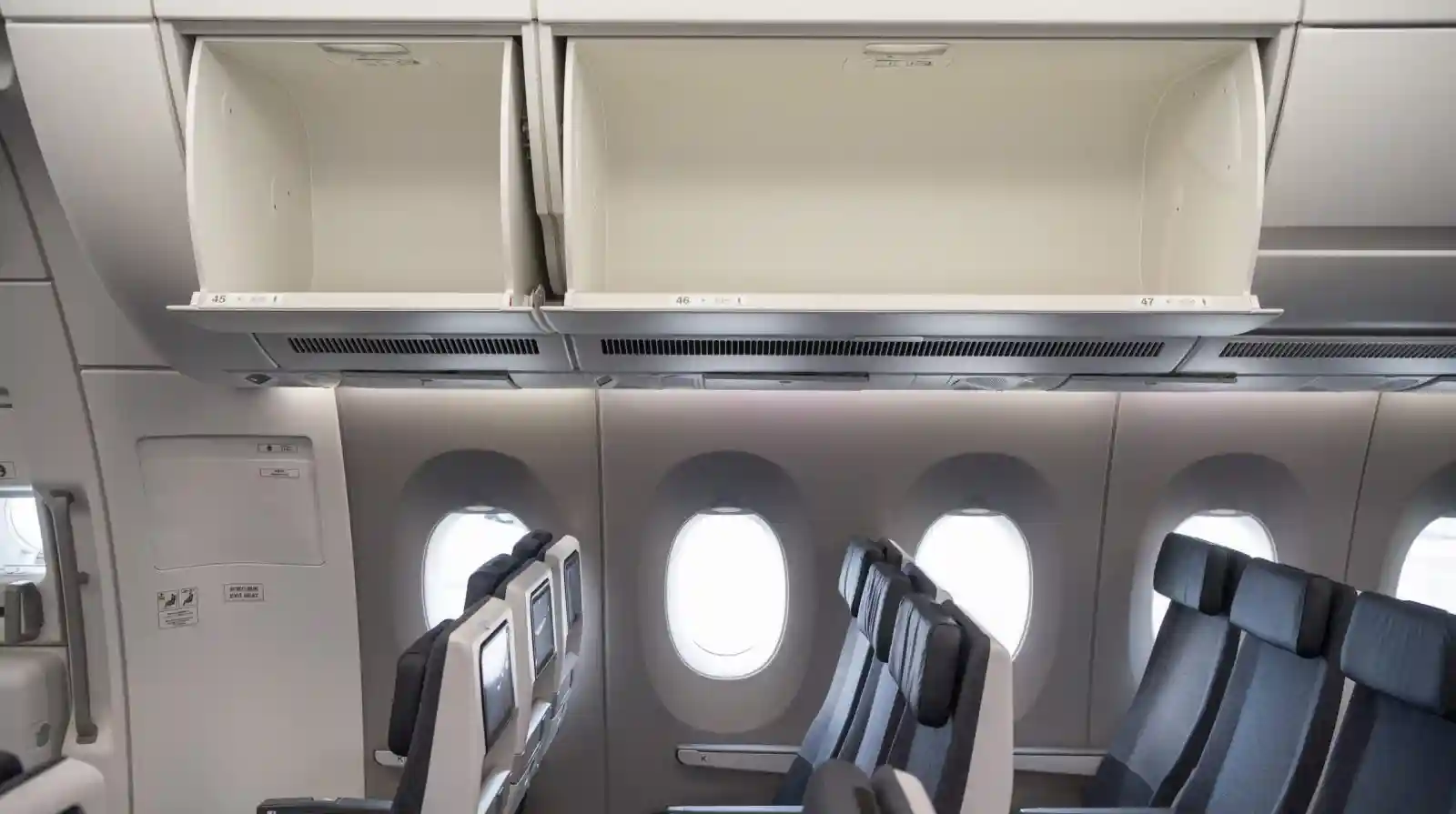Airbus A350 overhead bins large pivot design passenger luggage storage