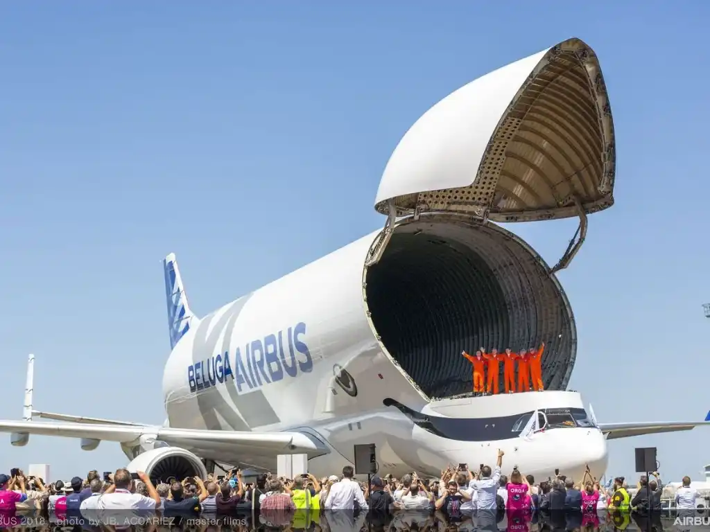 Airbus Beluga XL open nose cargo door with lowered cockpit underneath