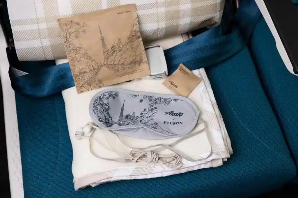 Alaska Airlines Filson bedding amenity kit Salt and Stone products business class