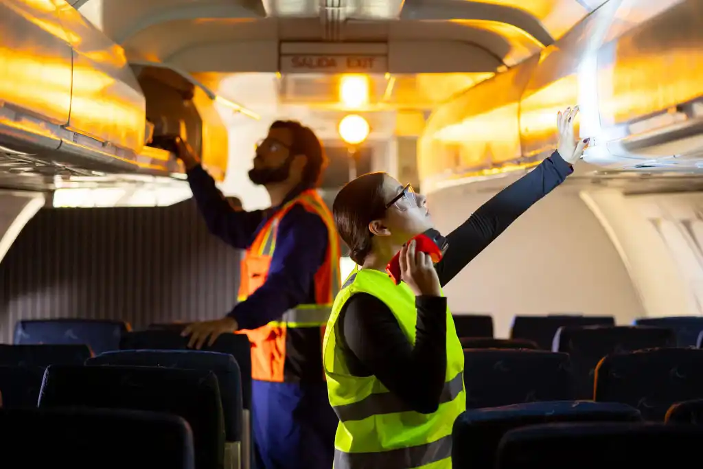 aircraft cabin safety equipment inspection inside commercial airliner