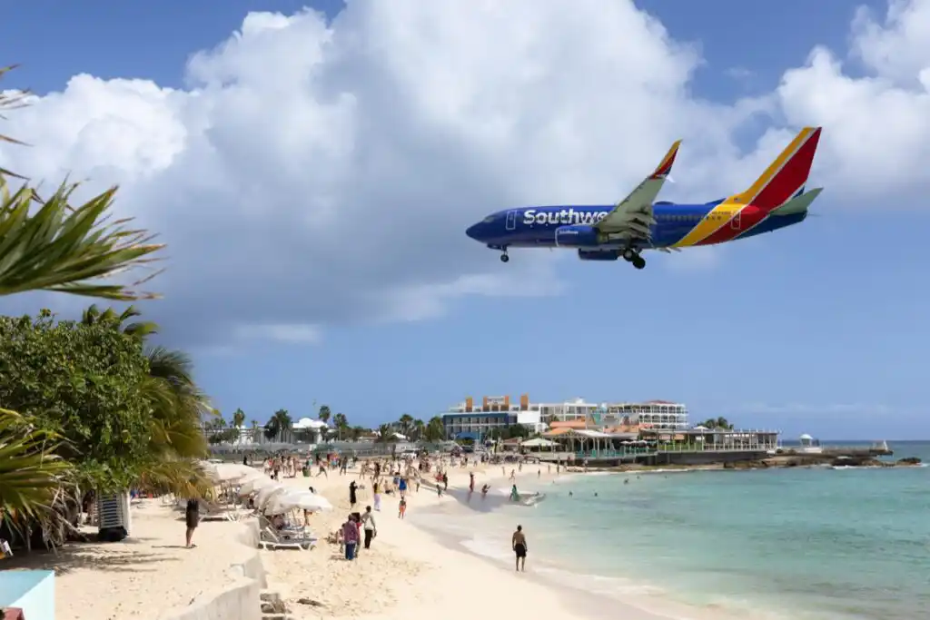 Southwest Airlines aircraft landing near St Maarten Maho Beach