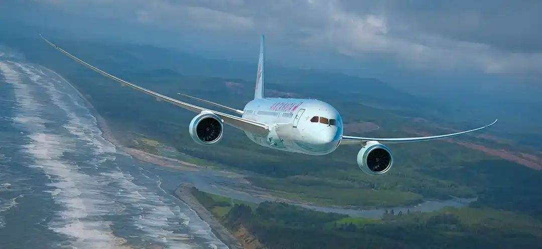 Boeing 787 Dreamliner flexible composite wing during flight over clouds
