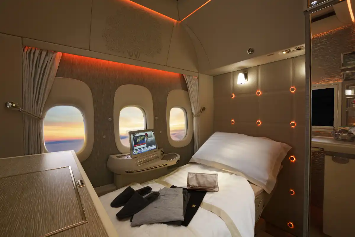 Emirates Boeing 777 first class suite with modern cabin lighting