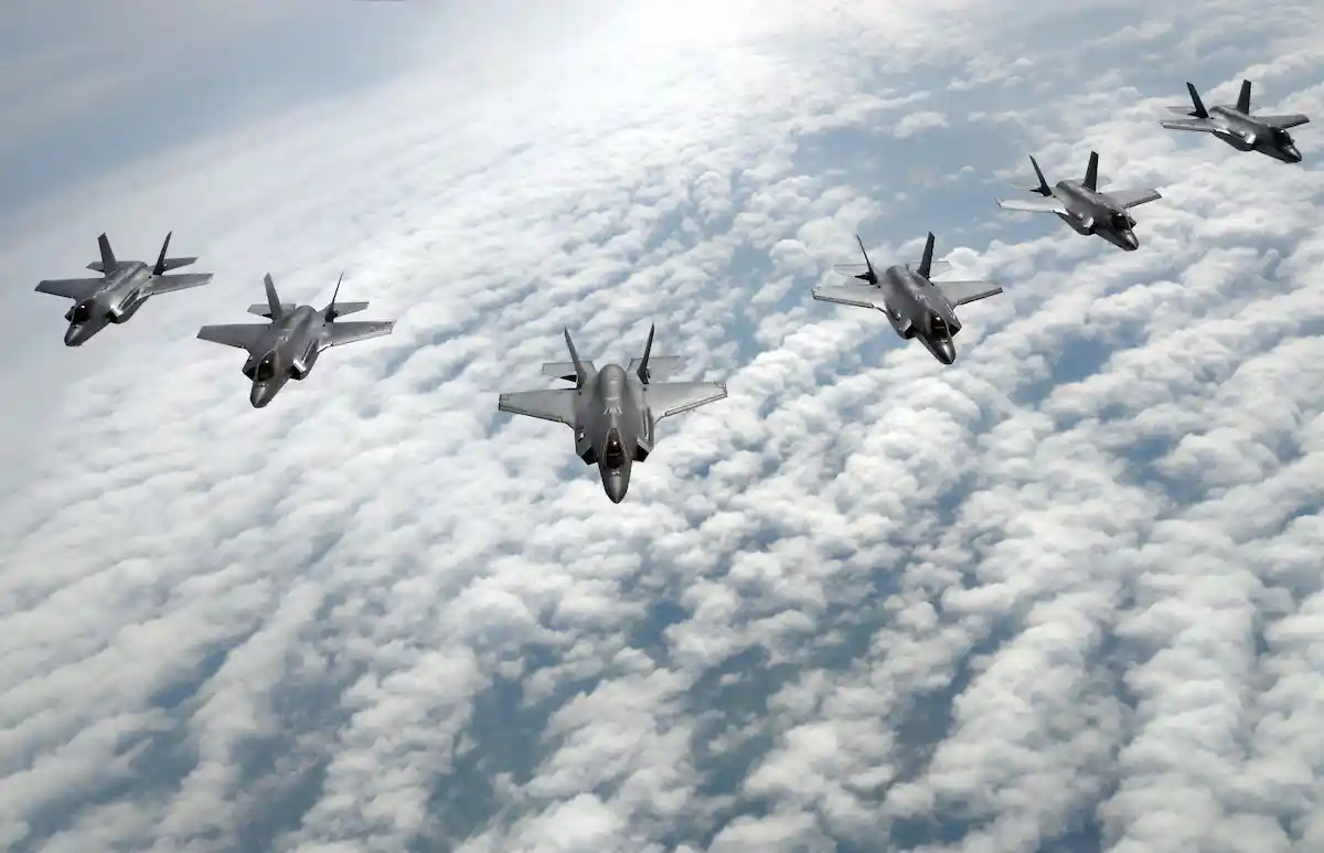 F-35A formation flight multinational exercise air combat training skies