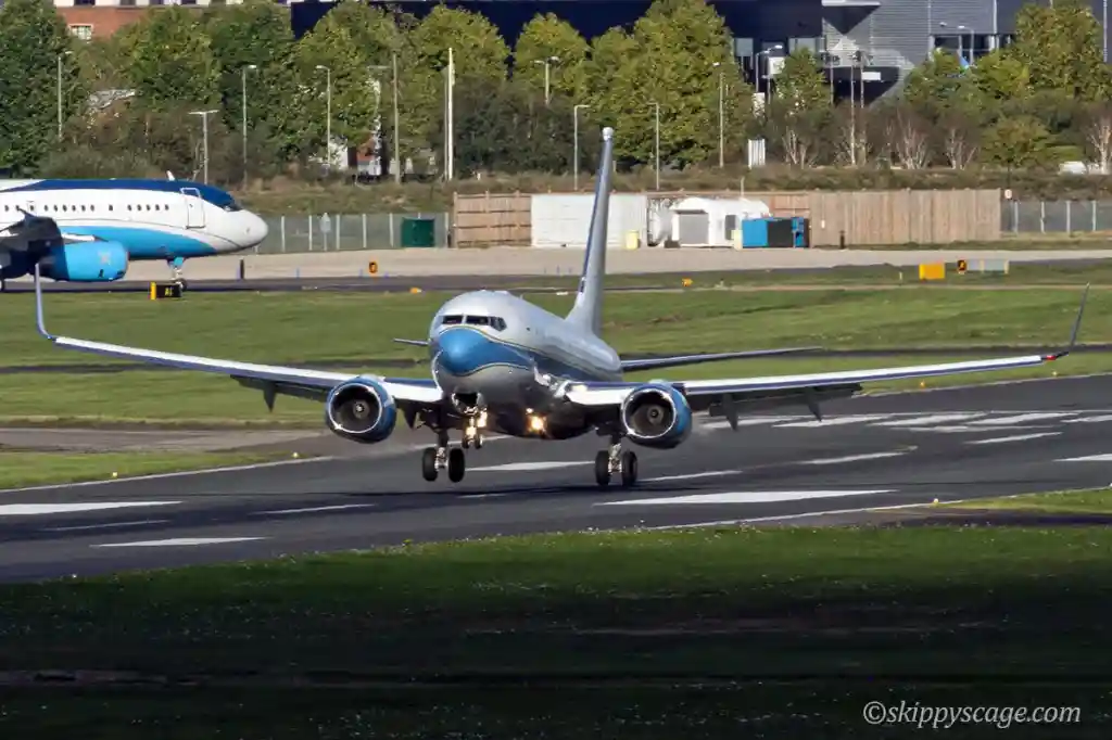 Boeing Business Jet parked at London airport private terminal