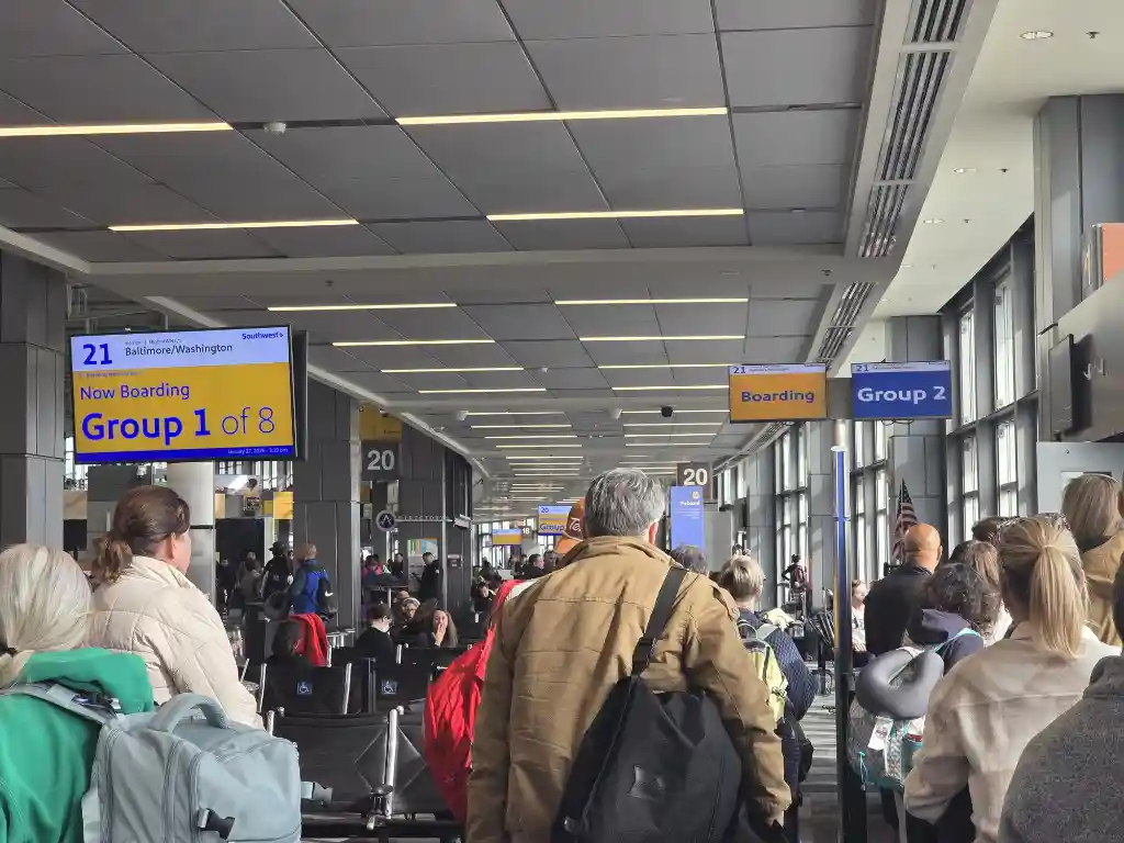 Southwest Airlines boarding process with open seating passengers