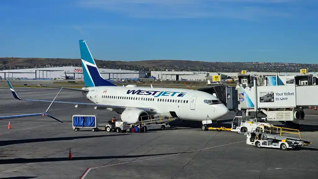 WestJet Boeing 737 boarding passengers at Calgary International Airport