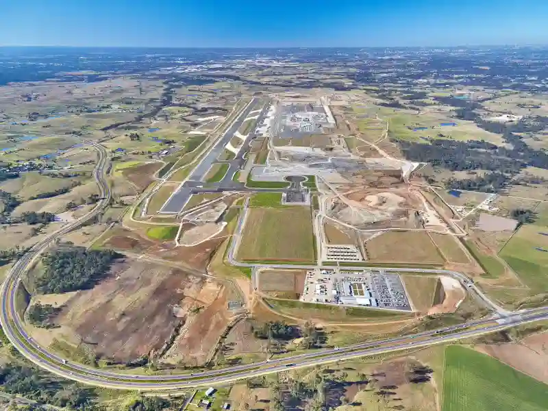 Western Sydney International runway and terminal development aerial view