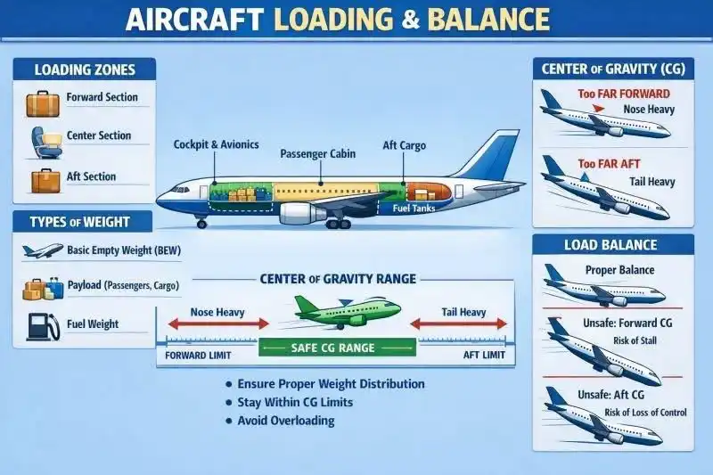 aircraft center of gravity diagram showing passenger seating cargo holds and fuel distribution